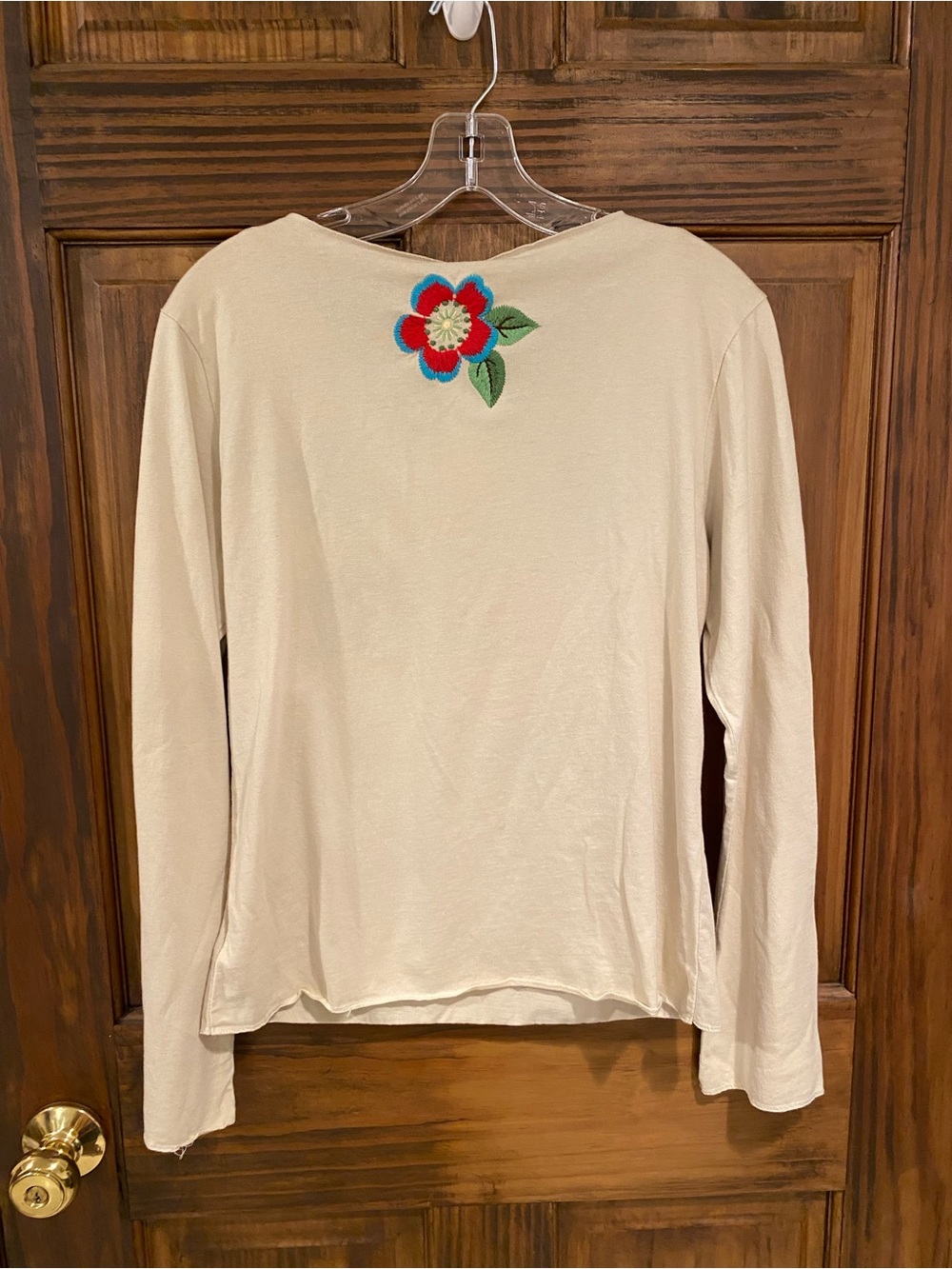 White Stag Cream Long-Sleeve V-Neck Top with Multicolor Floral Embroidery Small - Picture 2 of 10